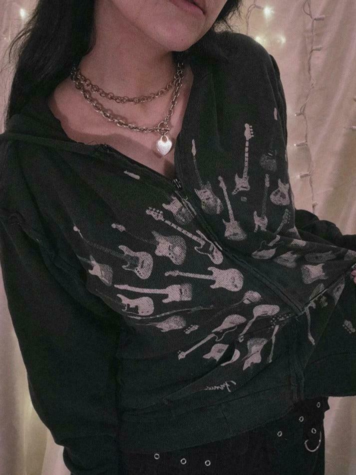 Street Guitar Print Oversized Hoodie - Y2K Fashion Coquette Aesthetic Grunge Style Street Guitar Print Oversized Hoodie - Y2K Fashion Coquette Aesthetic Grunge Style