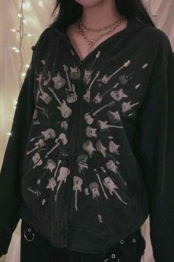 Street Guitar Print Oversized Hoodie - Y2K Fashion Coquette Aesthetic Grunge Style