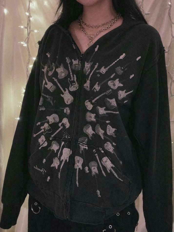 Street Guitar Print Oversized Hoodie - Y2K Fashion Coquette Aesthetic Grunge Style Street Guitar Print Oversized Hoodie - Y2K Fashion Coquette Aesthetic Grunge Style