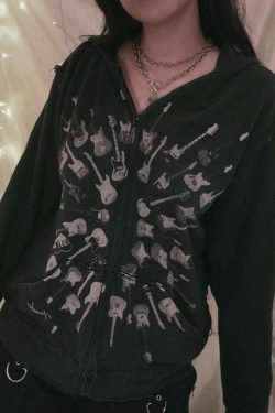 Street Guitar Print Oversized Hoodie - Y2K Fashion Coquette Aesthetic Grunge Style
