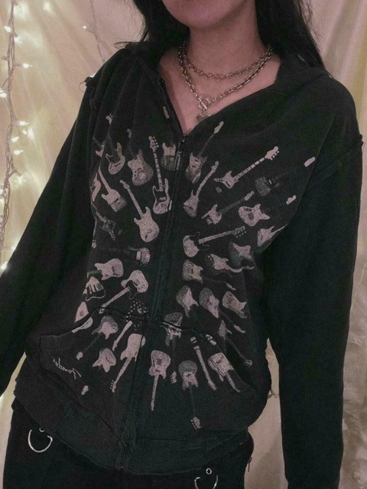Street Guitar Print Oversized Hoodie - Y2K Fashion Coquette Aesthetic Grunge Style Street Guitar Print Oversized Hoodie - Y2K Fashion Coquette Aesthetic Grunge Style