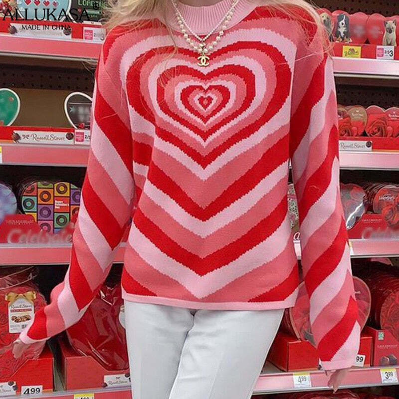 Striped Heart Sweater: Y2K Fashion with Coquette Aesthetic, Grunge Style, and Pastel Goth Vibes