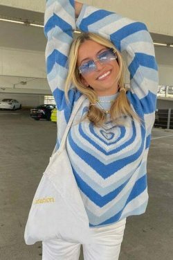 Striped Heart Sweater: Y2K Fashion with Coquette Aesthetic, Grunge Style, and Pastel Goth Vibes