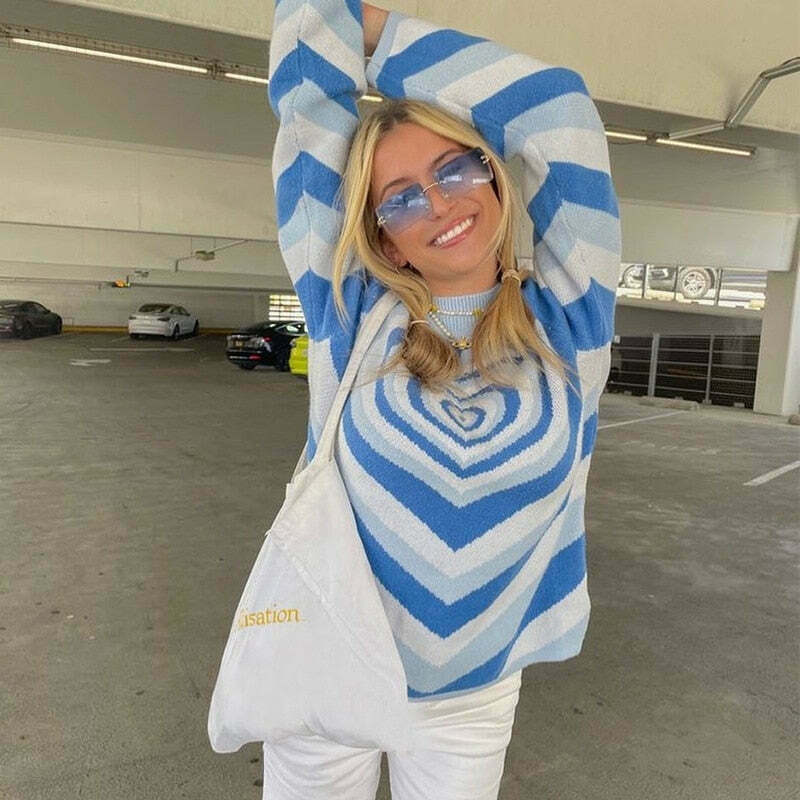 Striped Heart Sweater: Y2K Fashion with Coquette Aesthetic, Grunge Style, and Pastel Goth Vibes