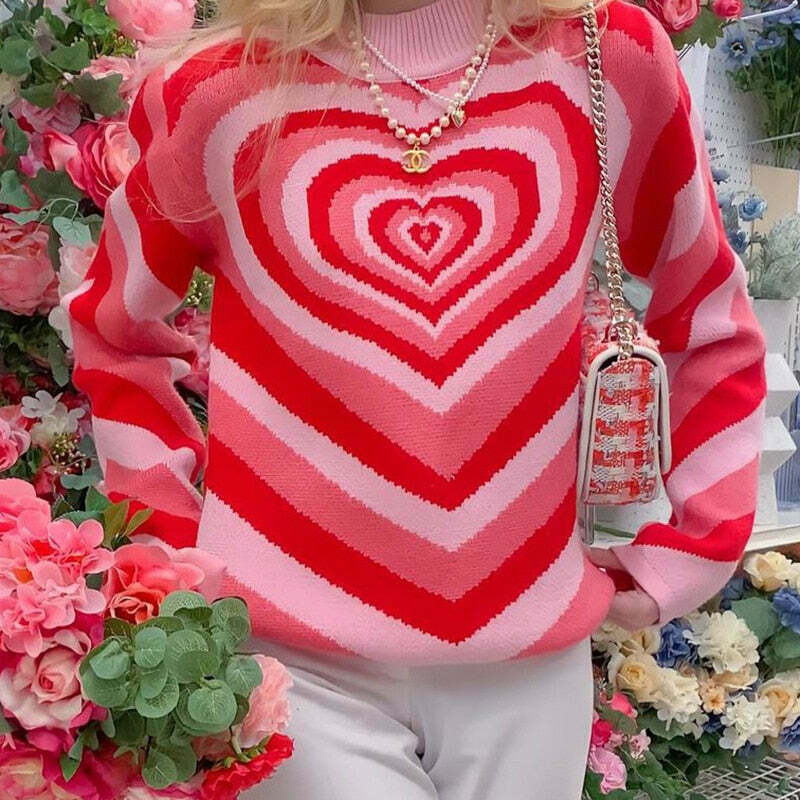 Striped Heart Sweater: Y2K Fashion with Coquette Aesthetic, Grunge Style, and Pastel Goth Vibes