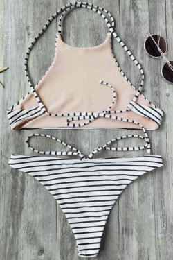 Striped High Neck Bikini Set - Y2K Fashion Swimwear for Women - Coquette Aesthetic Beach Outfit