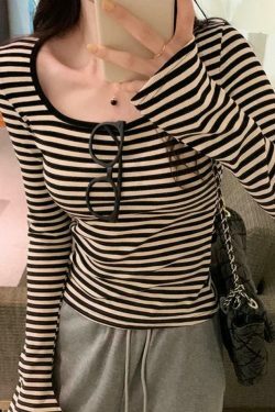 Striped Print Square Neck Slim Long Sleeve Tee - Y2K Fashion Aesthetic Top for Women