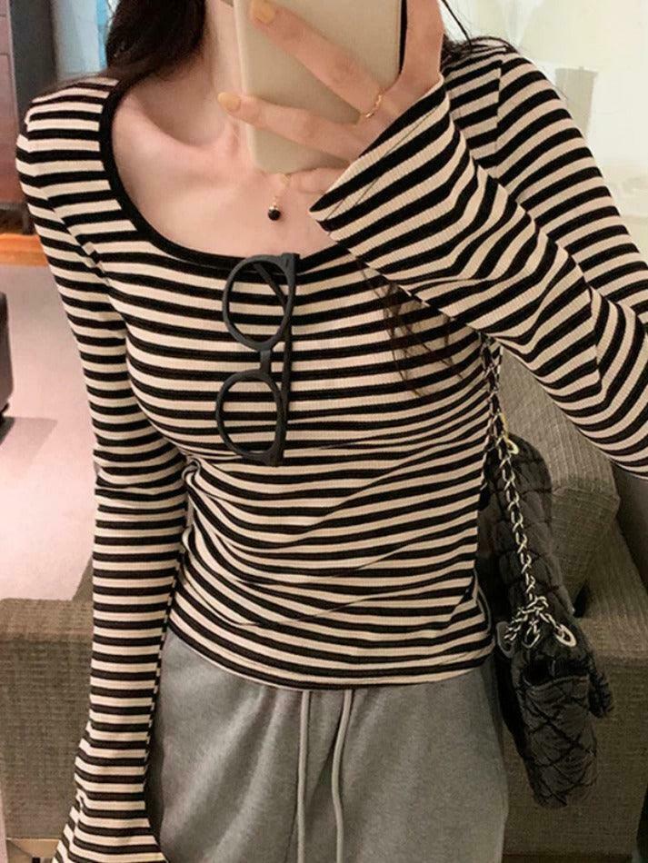 Striped Print Square Neck Slim Long Sleeve Tee - Y2K Fashion Aesthetic Top for Women