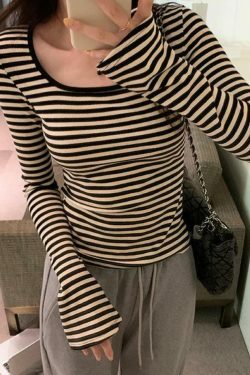 Striped Print Square Neck Slim Long Sleeve Tee - Y2K Fashion Aesthetic Top for Women