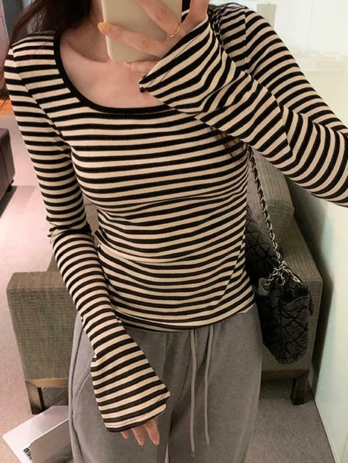 Striped Print Square Neck Slim Long Sleeve Tee - Y2K Fashion Aesthetic Top for Women