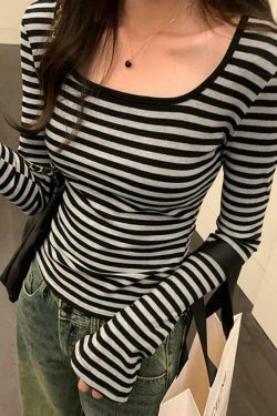 Striped Print Square Neck Slim Long Sleeve Tee - Y2K Fashion Aesthetic Top for Women