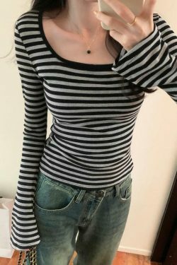 Striped Print Square Neck Slim Long Sleeve Tee - Y2K Fashion Aesthetic Top for Women