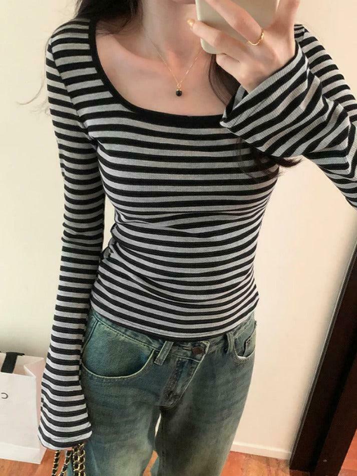 Striped Print Square Neck Slim Long Sleeve Tee - Y2K Fashion Aesthetic Top for Women
