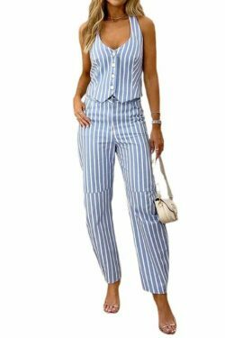 Striped V-Neck Sleeveless Suit: Y2K Fashion Coquette Aesthetic Grunge Style Cargo Skirt Pastel Goth
