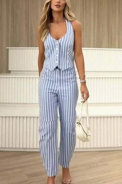 Striped V-Neck Sleeveless Suit: Y2K Fashion Coquette Aesthetic Grunge Style Cargo Skirt Pastel Goth