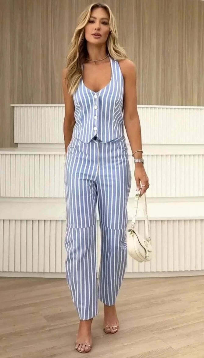 Striped V-Neck Sleeveless Suit: Y2K Fashion Coquette Aesthetic Grunge Style Cargo Skirt Pastel Goth Striped V-Neck Sleeveless Suit: Y2K Fashion Coquette Aesthetic Grunge Style Cargo Skirt Pastel Goth