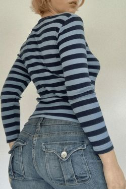 Striped V Neck Long Sleeve Tee - Y2K Fashion Aesthetic Top for Women - Coquette Style Grunge Outfit