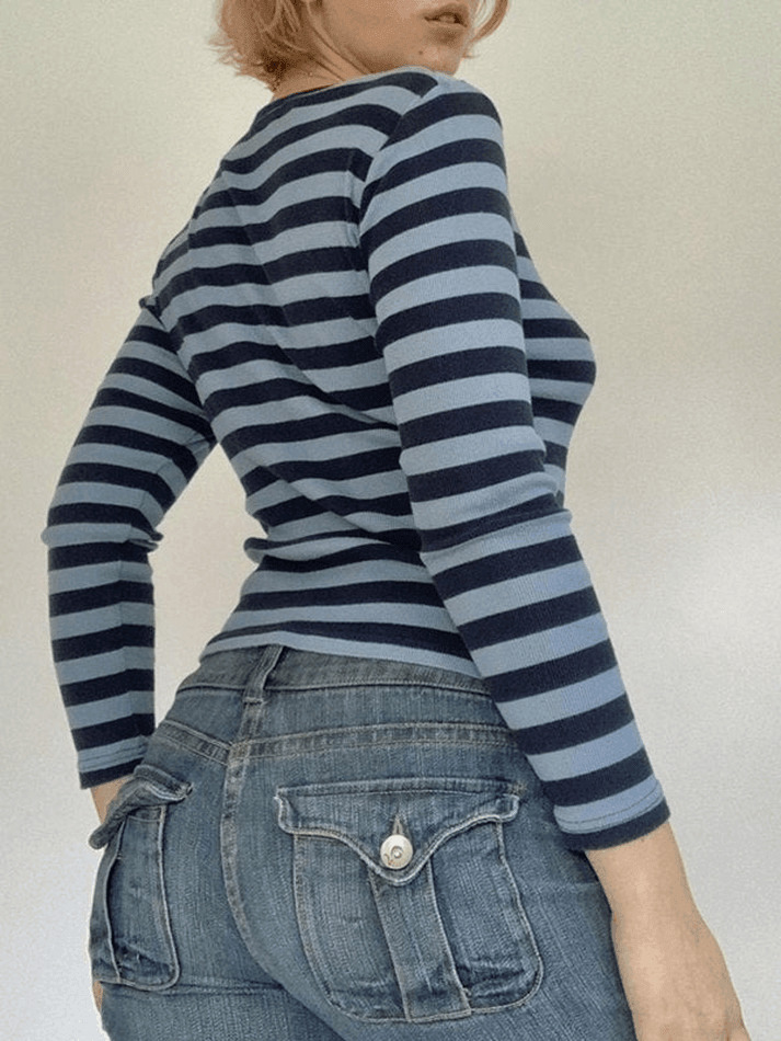 Striped V Neck Long Sleeve Tee - Y2K Fashion Aesthetic Top for Women - Coquette Style Grunge Outfit