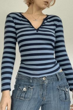 Striped V Neck Long Sleeve Tee - Y2K Fashion Aesthetic Top for Women - Coquette Style Grunge Outfit