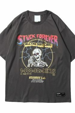 Stuck Forever Skeleton T-Shirt - Y2K Fashion Grunge Aesthetic Cute Tops Pastel Goth Coquette Style