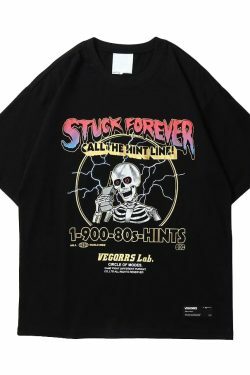 Stuck Forever Skeleton T-Shirt - Y2K Fashion Grunge Aesthetic Cute Tops Pastel Goth Coquette Style