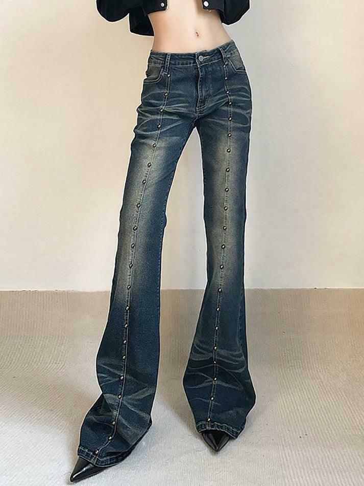 Studded Low Rise Boot-Cut Jeans: Y2K Fashion with a Grunge Twist, Coquette Aesthetic, and Edgy Vibes Studded Low Rise Boot-Cut Jeans: Y2K Fashion with a Grunge Twist, Coquette Aesthetic, and Edgy Vibes