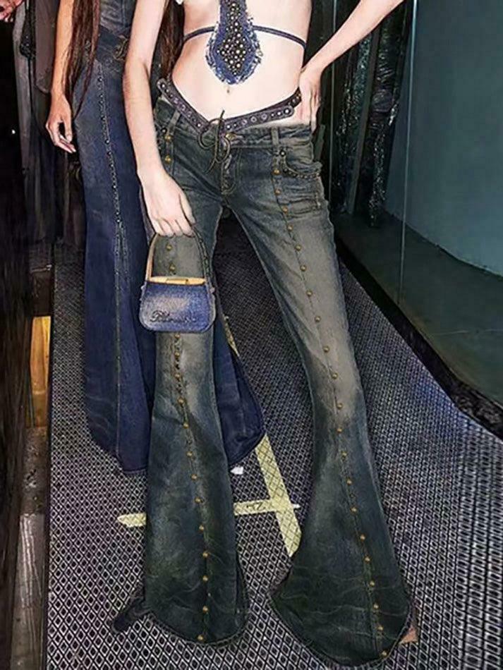 Studded Low Rise Boot-Cut Jeans: Y2K Fashion with a Grunge Twist, Coquette Aesthetic, and Edgy Vibes Studded Low Rise Boot-Cut Jeans: Y2K Fashion with a Grunge Twist, Coquette Aesthetic, and Edgy Vibes