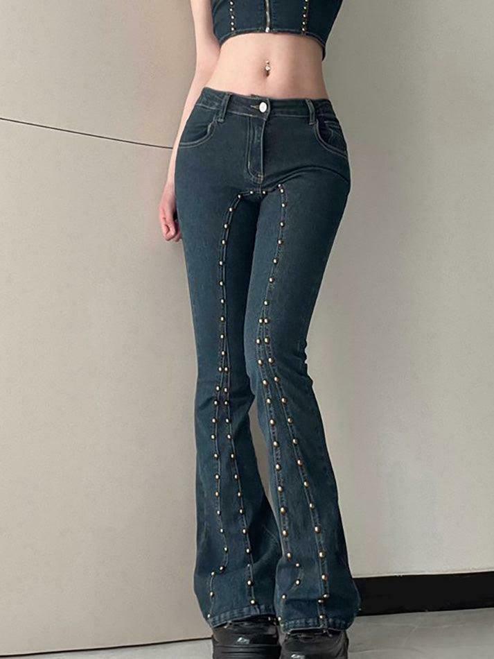 Studded Low Rise Boot-Cut Jeans: Y2K Fashion with a Grunge Twist, Coquette Aesthetic, and Edgy Vibes Studded Low Rise Boot-Cut Jeans: Y2K Fashion with a Grunge Twist, Coquette Aesthetic, and Edgy Vibes