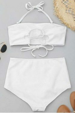 Stunning Ribbed Texture Bandeau High Waisted Bikini for Y2K Fashion Enthusiasts