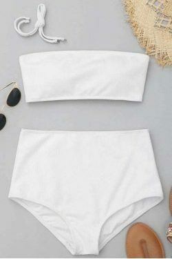 Stunning Ribbed Texture Bandeau High Waisted Bikini for Y2K Fashion Enthusiasts