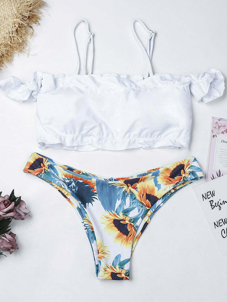 Sunflower Off-Shoulder Bikini Set: Y2K Fashion with Coquette & Grunge Aesthetics Sunflower Off-Shoulder Bikini Set: Y2K Fashion with Coquette & Grunge Aesthetics