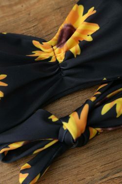 Sunflower Print Push Up Bandeau Bikini for Y2K Aesthetic Fashionistas