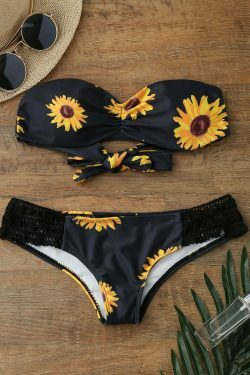 Sunflower Print Push Up Bandeau Bikini for Y2K Aesthetic Fashionistas