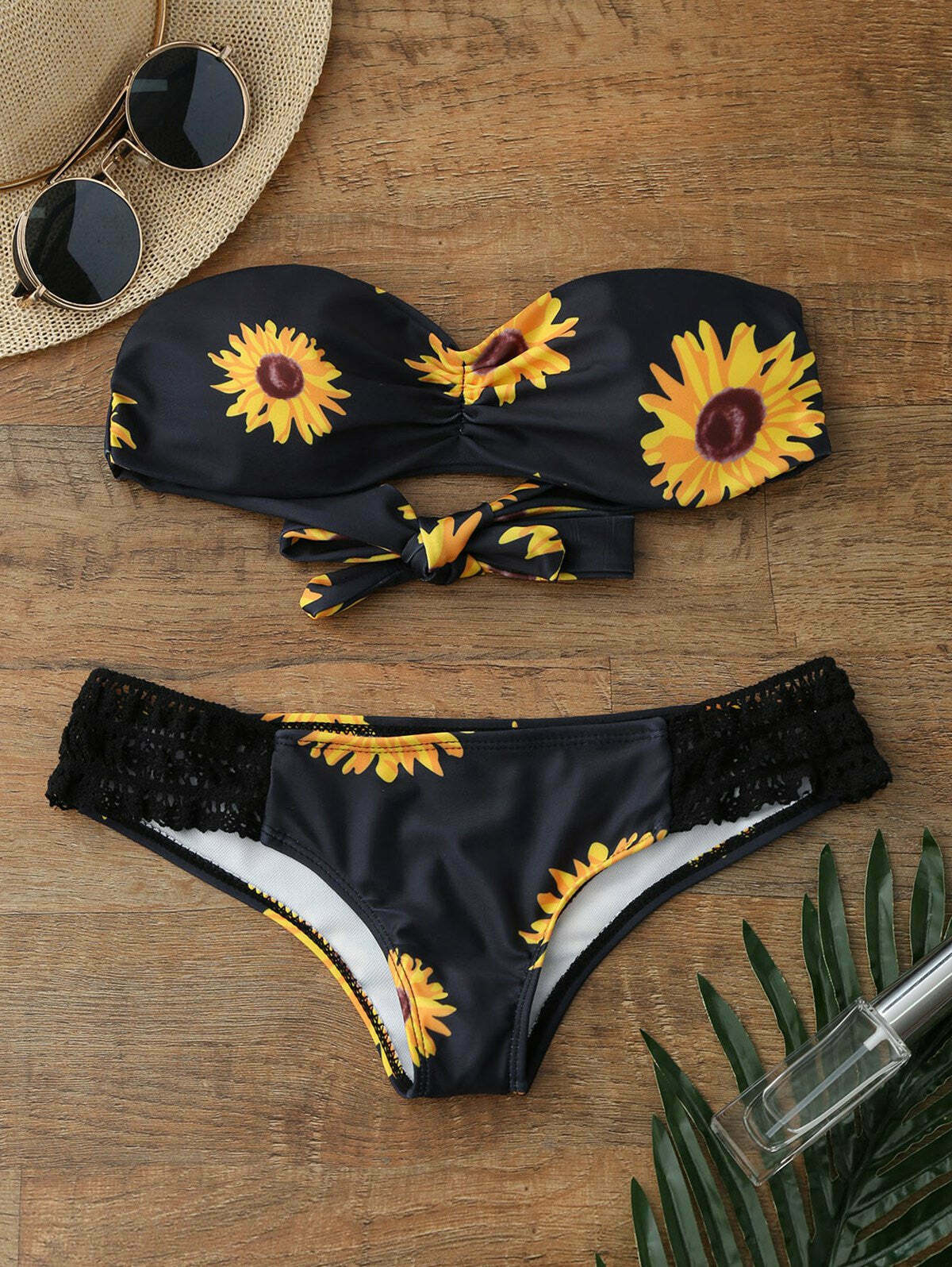Sunflower Print Push Up Bandeau Bikini for Y2K Aesthetic Fashionistas Sunflower Print Push Up Bandeau Bikini for Y2K Aesthetic Fashionistas