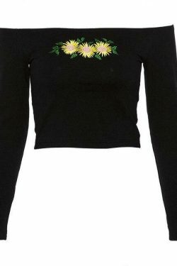 Sunflowers Long Sleeve Crop Top - Y2K Aesthetic Coquette Grunge Outfit