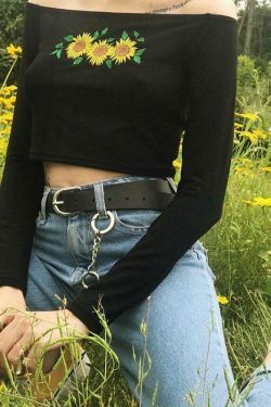 Sunflowers Long Sleeve Crop Top - Y2K Aesthetic Coquette Grunge Outfit