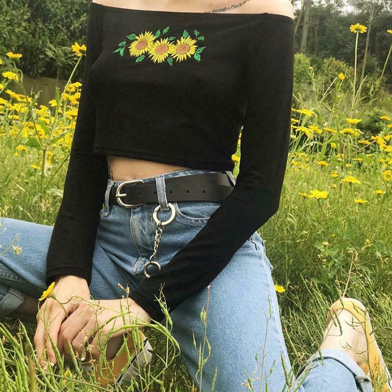 Sunflowers Long Sleeve Crop Top - Y2K Aesthetic Coquette Grunge Outfit