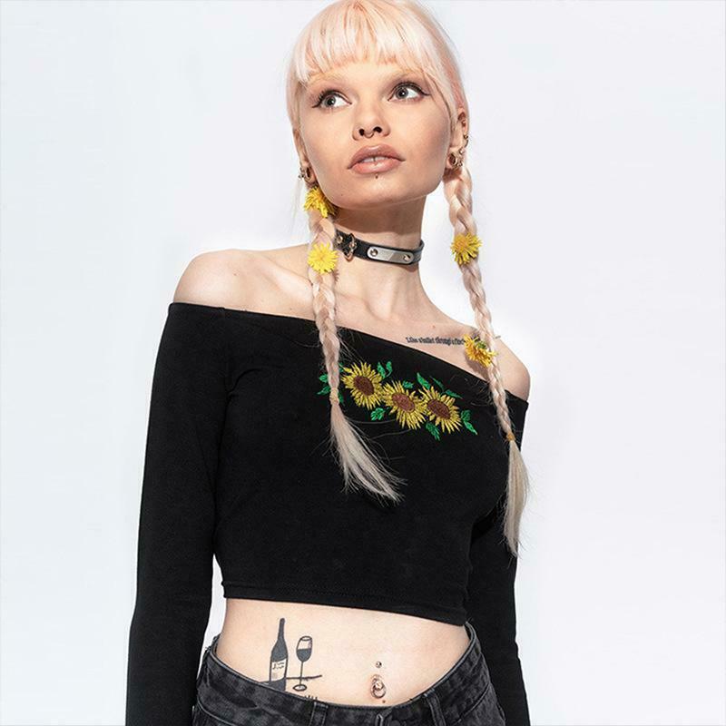 Sunflowers Long Sleeve Crop Top - Y2K Aesthetic Coquette Grunge Outfit