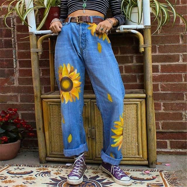 Sunflowers Mom Jeans - Y2K Fashion Denim with Coquette Aesthetic and Grunge Style