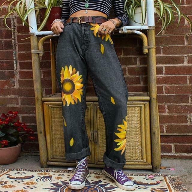 Sunflowers Mom Jeans - Y2K Fashion Denim with Coquette Aesthetic and Grunge Style