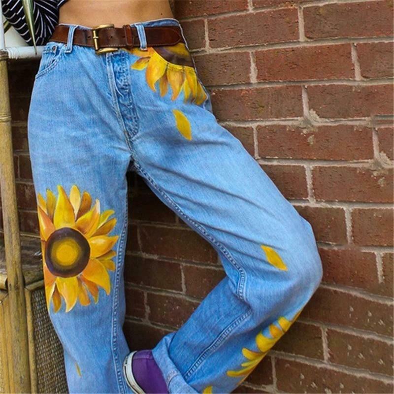 Sunflowers Mom Jeans - Y2K Fashion Denim with Coquette Aesthetic and Grunge Style