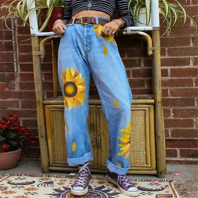 Sunflowers Mom Jeans - Y2K Fashion Denim with Coquette Aesthetic and Grunge Style