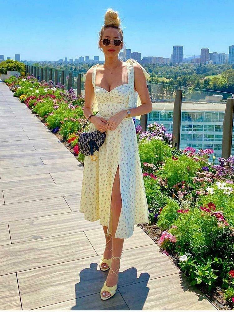 Sunshine's Coquette Aesthetic Floral Dress with Thigh Split - Y2K Fashion Statement Sunshine's Coquette Aesthetic Floral Dress with Thigh Split - Y2K Fashion Statement