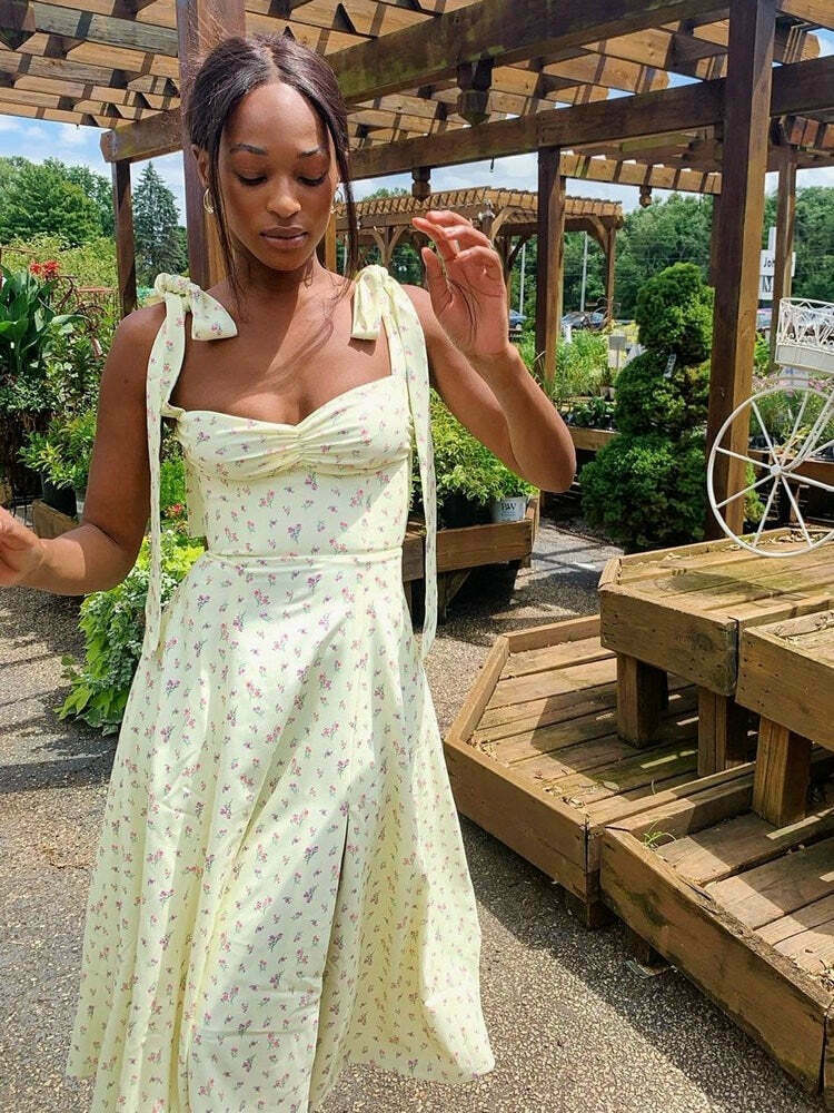 Sunshine's Coquette Aesthetic Floral Dress with Thigh Split - Y2K Fashion Statement Sunshine's Coquette Aesthetic Floral Dress with Thigh Split - Y2K Fashion Statement