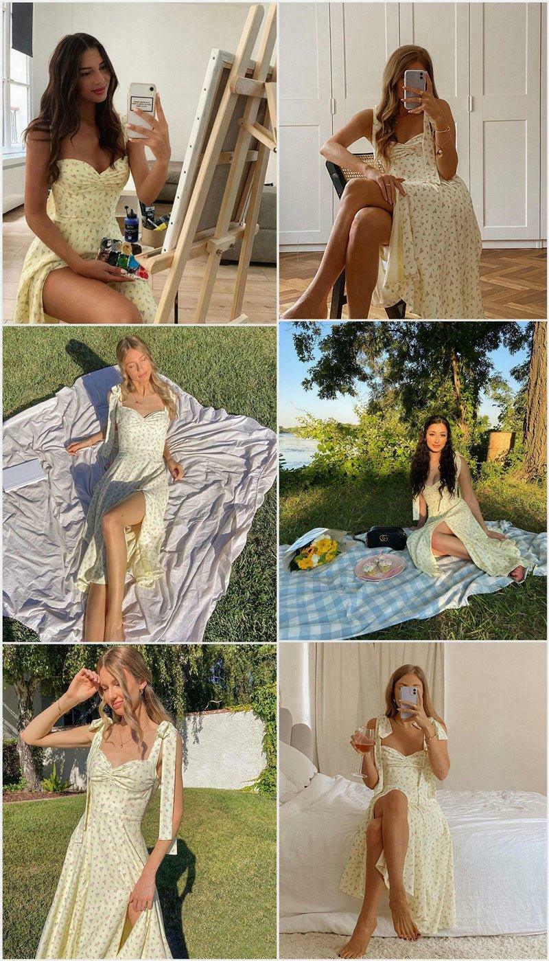 Sunshine's Coquette Aesthetic Floral Dress with Thigh Split - Y2K Fashion Statement Sunshine's Coquette Aesthetic Floral Dress with Thigh Split - Y2K Fashion Statement