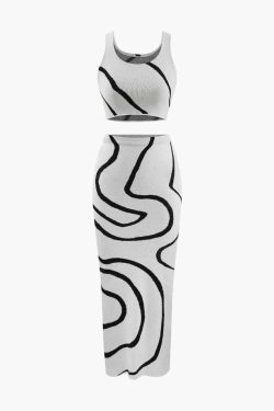 Swirl Stripe Knit Tank Top & Midi Skirt Set for Y2K Fashion Enthusiasts