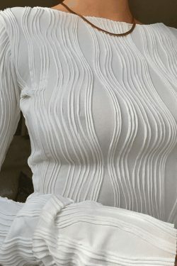 Textured Stripe Long Sleeve Tee - Y2K Fashion Aesthetic Top for Women - Coquette Style Grunge Outfit