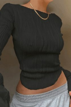 Textured Stripe Long Sleeve Tee - Y2K Fashion Aesthetic Top for Women - Coquette Style Grunge Outfit