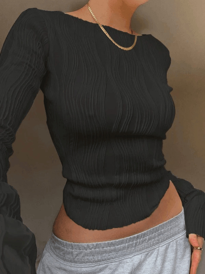 Textured Stripe Long Sleeve Tee - Y2K Fashion Aesthetic Top for Women - Coquette Style Grunge Outfit