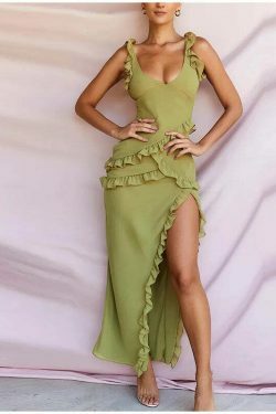 Twisty Twirl High Slit Ruffle Dress - Y2K Fashion Statement with Coquette Aesthetic and Grunge Style